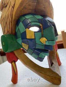 Hand Carved Mayan Wood Mask Warrior Pyramid Art Eagle Wall Display Mexico Cedar