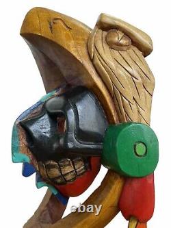Hand Carved Mayan Wood Mask Warrior Pyramid Art Eagle Wall Display Mexico Cedar