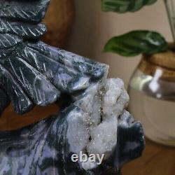 Hand Carved Natural Moss Agate Crystal Eagle Statue