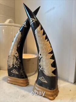 Hand Carved Ornate Water Buffalo Horn Set Of 2 11 Tall Flying Bald Eagle