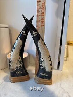 Hand Carved Ornate Water Buffalo Horn Set Of 2 11 Tall Flying Bald Eagle