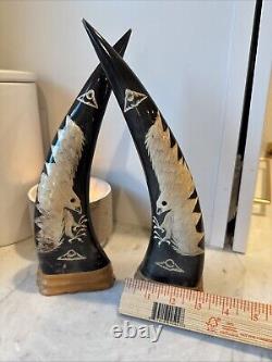 Hand Carved Ornate Water Buffalo Horn Set Of 2 11 Tall Flying Bald Eagle