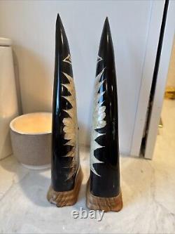 Hand Carved Ornate Water Buffalo Horn Set Of 2 11 Tall Flying Bald Eagle