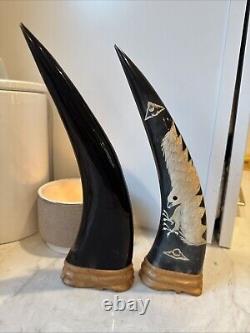 Hand Carved Ornate Water Buffalo Horn Set Of 2 11 Tall Flying Bald Eagle