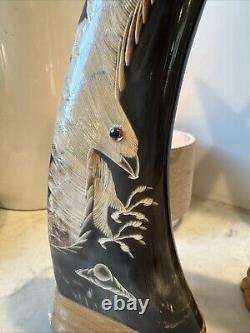 Hand Carved Ornate Water Buffalo Horn Set Of 2 11 Tall Flying Bald Eagle