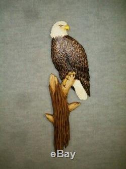 Hand Carved PERCHED BALD EAGLE Wall Art Cabin Decor Chainsaw Wood Carving