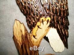 Hand Carved PERCHED BALD EAGLE Wall Art Cabin Decor Chainsaw Wood Carving