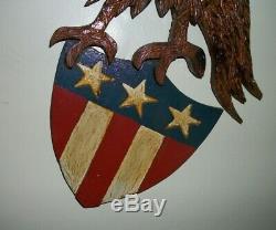 Hand Carved SOARING BALD EAGLE Wall Art Decor Wood With Captain America Shield