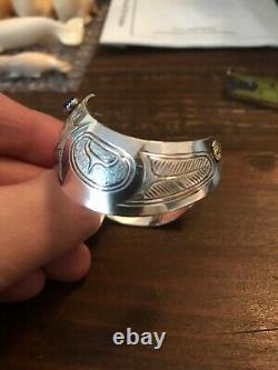 Hand Carved Silver-Lapis & Gold Nugget Haida Bracelet Eagle Frank Mooney