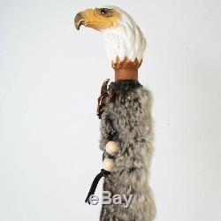 Hand Carved Walking Stick Wood Cane Eagle Head w. Fur Wrap Feather Beads 42.5