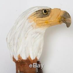 Hand Carved Walking Stick Wood Cane Eagle Head w. Fur Wrap Feather Beads 42.5