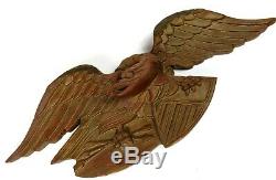 Hand Carved Wood American Eagle Folk Art Red Gold Paint Shield Arrows 24 Wide