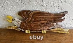 Hand Carved Wood Americana Eagle Bird w Arrow Wall Plaque Sculpture Yeaple