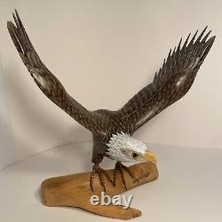 Hand Carved Wood Bald Eagle On Branch, Rare Nature Crafts Limited Edition, 13 H