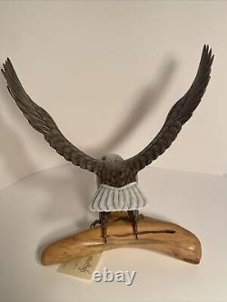 Hand Carved Wood Bald Eagle On Branch, Rare Nature Crafts Limited Edition, 13 H