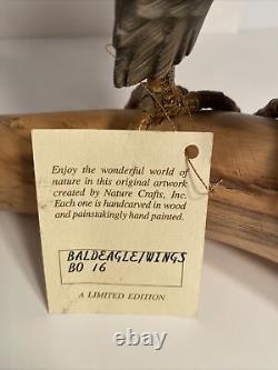 Hand Carved Wood Bald Eagle On Branch, Rare Nature Crafts Limited Edition, 13 H