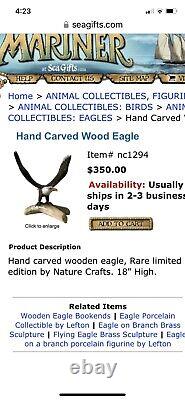 Hand Carved Wood Bald Eagle On Branch, Rare Nature Crafts Limited Edition, 13 H