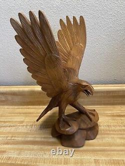 Hand Carved Wood Eagle Sculpture By Artist A. P 13.5 Height