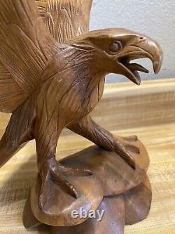 Hand Carved Wood Eagle Sculpture By Artist A. P 13.5 Height