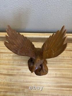 Hand Carved Wood Eagle Sculpture By Artist A. P 13.5 Height