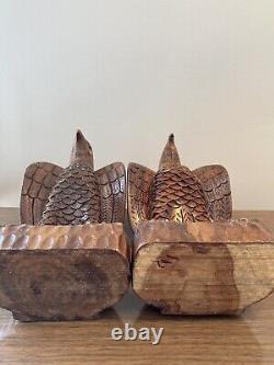 Hand Carved Wood Falcon Eagle Hawk Bird Sculptures Bookends Tramp Art