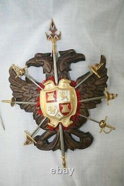 Hand Carved Wood Genuine Toledo Spain Coat Of Arms-Eagle with 10 Swords