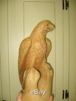 Hand Carved Wood- Golden Eagle on Perch-14.75 Signed By John Sinn, Ocala, FL