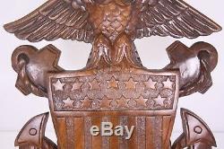 Hand Carved Wood Vtg Wall Plaque 18 Eagle American Flag Emblem Anchors US Navy