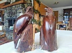 Hand Carved Wooden Hawk Eagles Bookends Heavy Dense