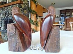 Hand Carved Wooden Hawk Eagles Bookends Heavy Dense