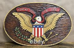 Hand Crvd Wood American Eagle Flag in God We Trust By Woogie Vintage Folk Art