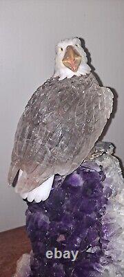 Hand-carved eagle crystal specimen with natural amethyst geode stand NICE