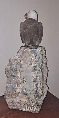 Hand-carved eagle crystal specimen with natural amethyst geode stand NICE