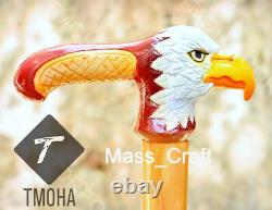 Hand carved eagle handle wooden walking stick bird painted walking cane gift c