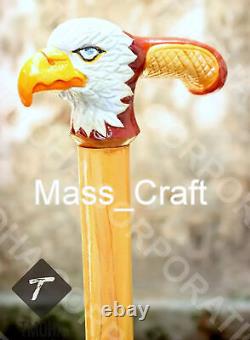 Hand carved eagle handle wooden walking stick bird painted walking cane gift c