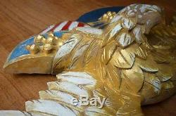 Hand carved gilded painted AMERICAN BALD EAGLE large wall wood plaque 44in/112cm
