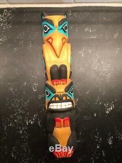 Hand-carved/painted Totem Pole Wood Alaska Turquoise, Red, Black 12 Eagle