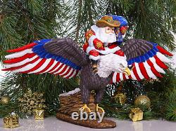 Hand carved wooden Santa Claus riding an eagle figurine Exclusive Christmas gift