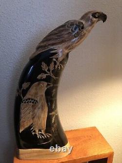 Handcarved Water Buffalo Horn Eagle 11.5 Tall Made In BC Canada