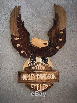 Harley Davidson Motorcycle Hand Carved Wood Sign Bald Eagle Rare Unique