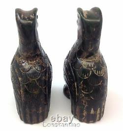 Highly Unique Hand Carved Old Chinese Green Jade Gift-Set 2 Proud Eagles