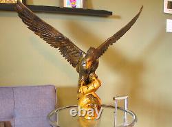 Huge 27 Vintage Hand Carved Wooden Mighty Eagle Sculpture With Baby Bird Eaglet