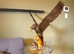 Huge 27 Vintage Hand Carved Wooden Mighty Eagle Sculpture With Baby Bird Eaglet