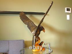 Huge 27 Vintage Hand Carved Wooden Mighty Eagle Sculpture With Baby Bird Eaglet