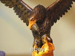 Huge 27 Vintage Hand Carved Wooden Mighty Eagle Sculpture With Baby Bird Eaglet