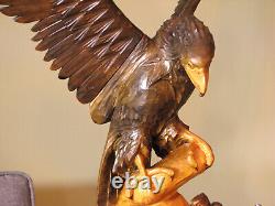 Huge 27 Vintage Hand Carved Wooden Mighty Eagle Sculpture With Baby Bird Eaglet