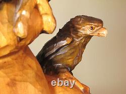 Huge 27 Vintage Hand Carved Wooden Mighty Eagle Sculpture With Baby Bird Eaglet