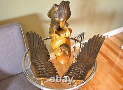 Huge 27 Vintage Hand Carved Wooden Mighty Eagle Sculpture With Baby Bird Eaglet