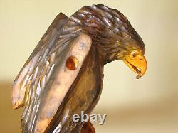 Huge 27 Vintage Hand Carved Wooden Mighty Eagle Sculpture With Baby Bird Eaglet