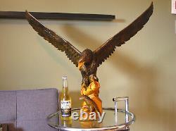 Huge 27 Vintage Hand Carved Wooden Mighty Eagle Sculpture With Baby Bird Eaglet